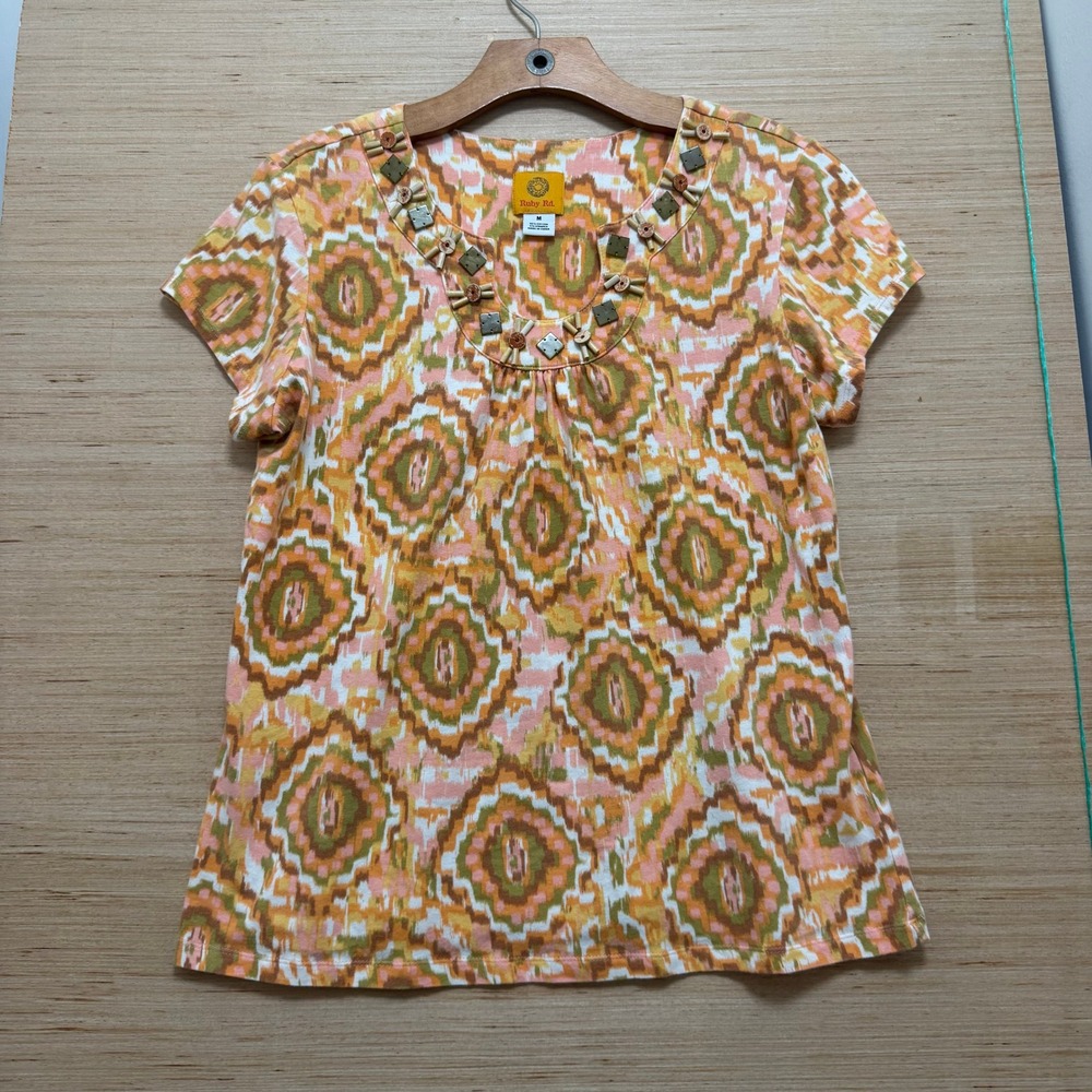 Ruby‎ Rd Womens M Orange Green Ikat Geometric Beaded Scoop Neck Short Sleeve Top